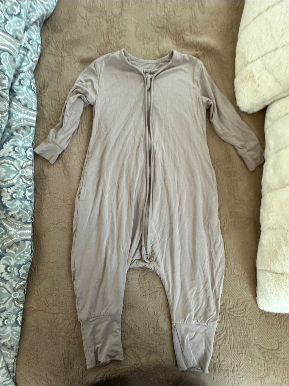 Neutral Gray Kids Zipper Footed One-Piece
